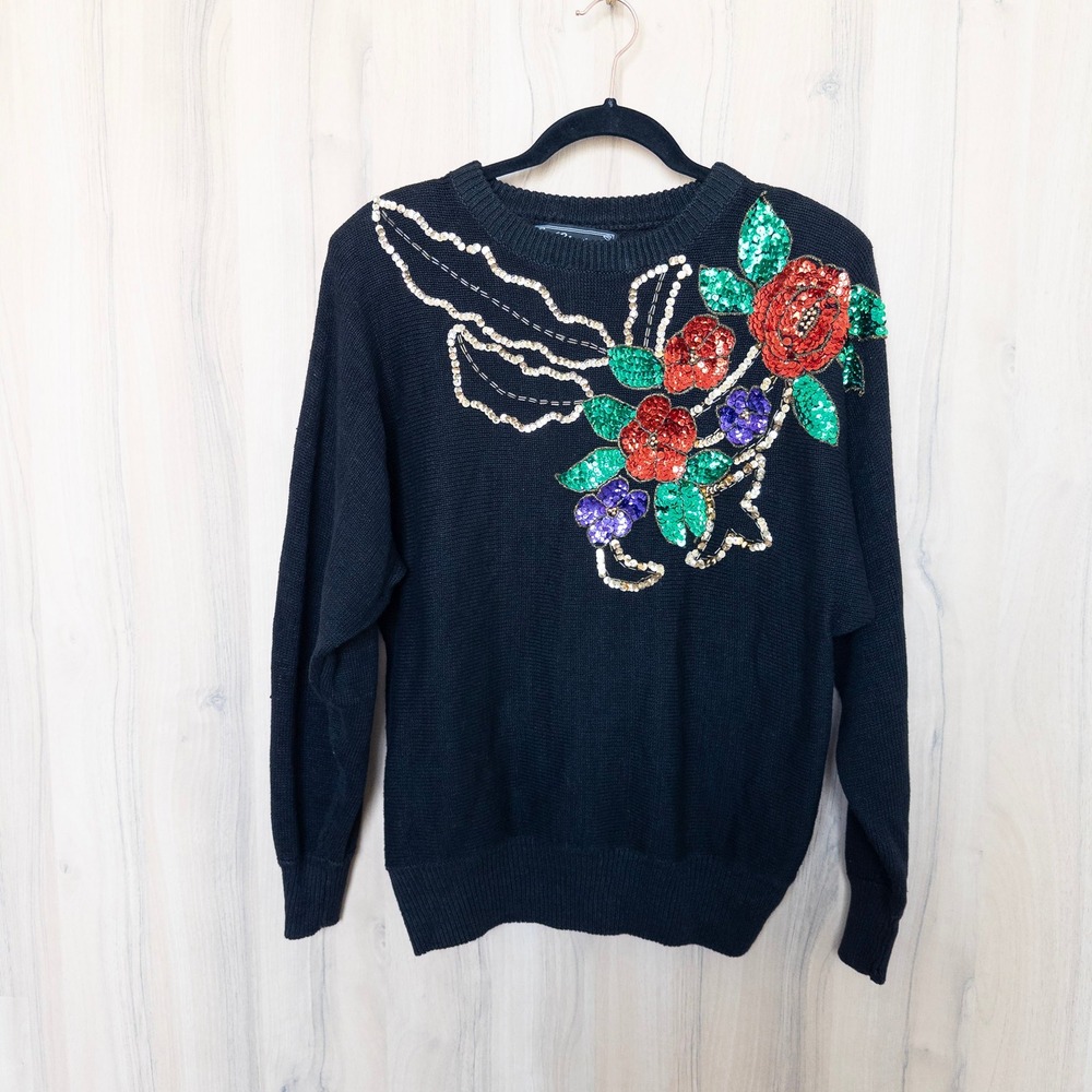 Vintage Clyde‎ Womens Sweater S Black Sequin Beaded Floral Holiday 80s 90s Retro
